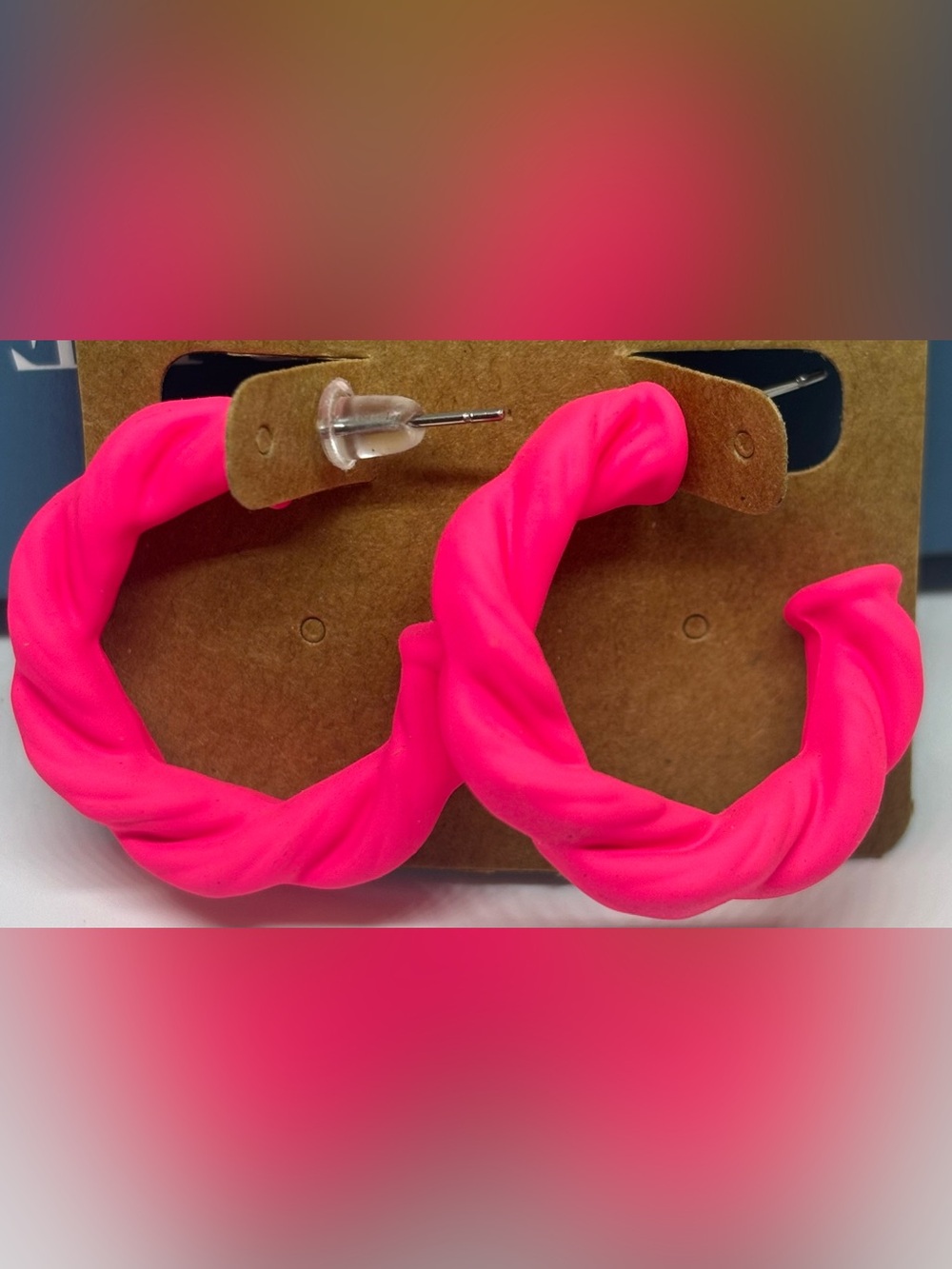Hot Pink Twisted Hoop Earrings Post Back Resin